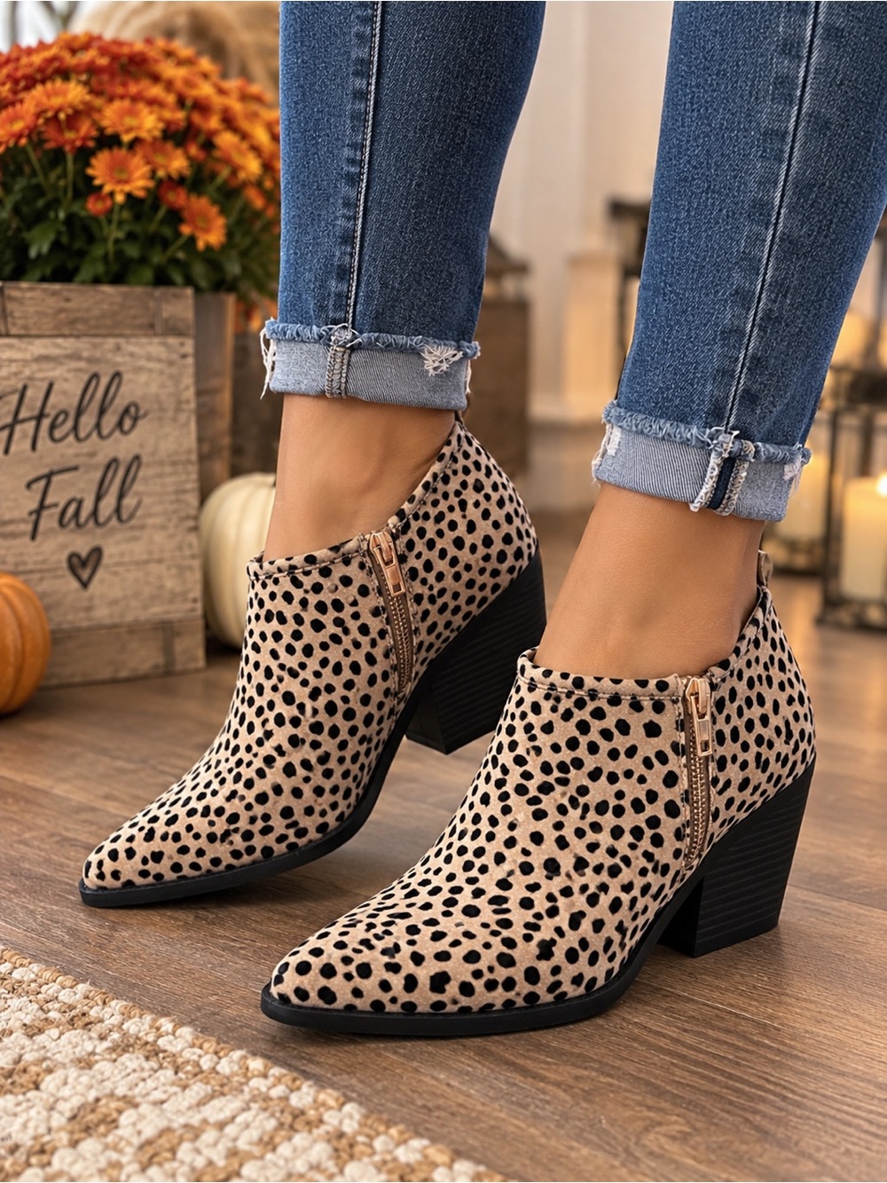 Adorable!Leopard Print Side-Zip Ankle Booties - Beige size 7
